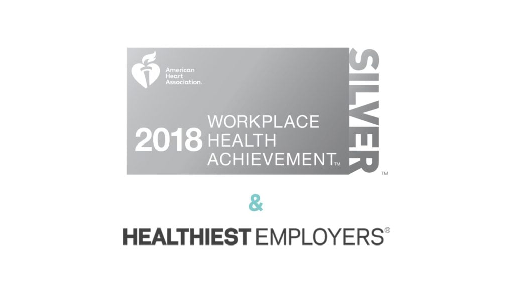 American Heart Association Workplace Health Achievement Silver Award logo and Louisville Business First's Healthiest Employers logo